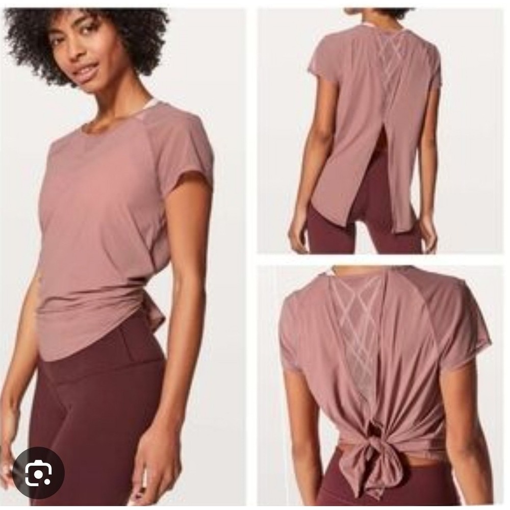 Lululemon Mix and Mesh Tee Open Back Tie Top Mauve Pink Yoga Athleisure Size 6